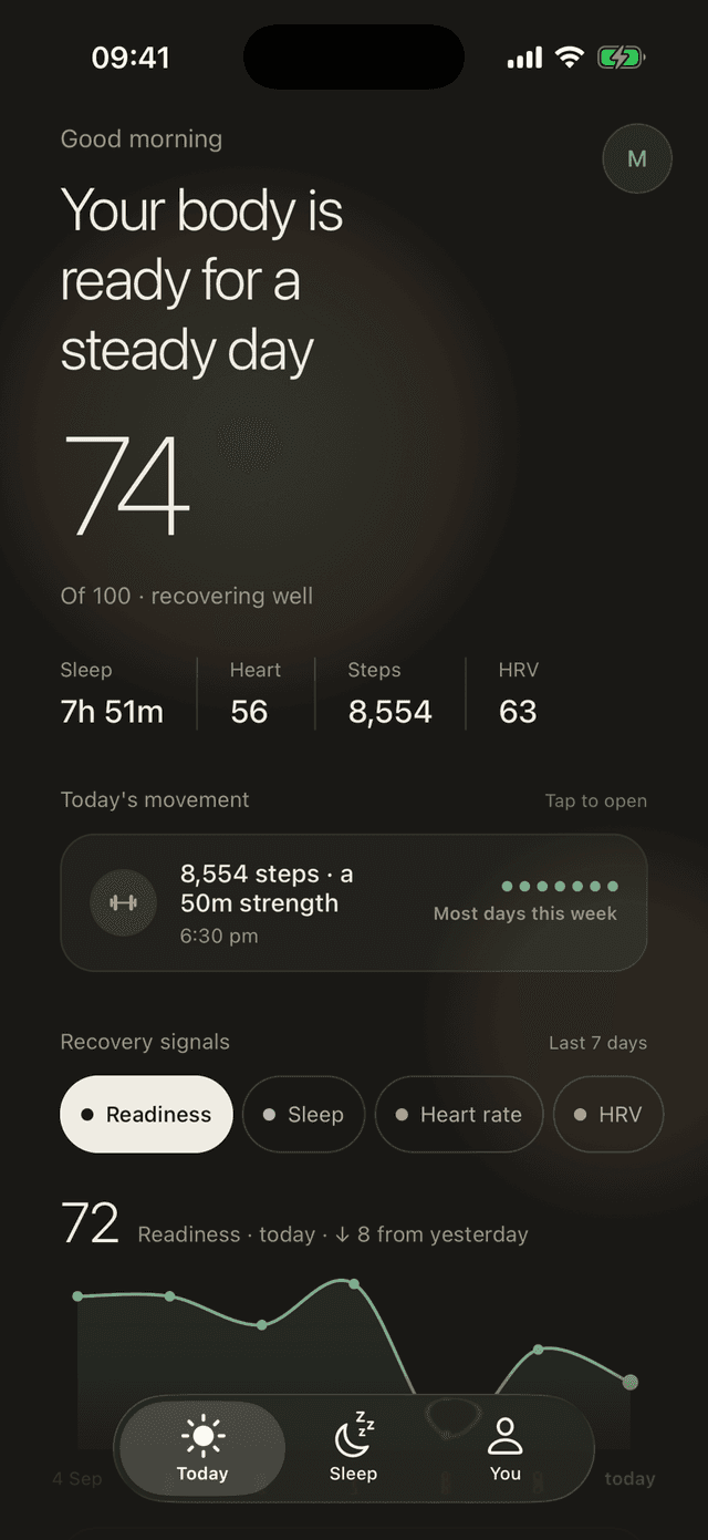 RestUp Today screen: good morning, your body is ready for a steady day, a readiness score in the mid-seventies out of 100, recovering well